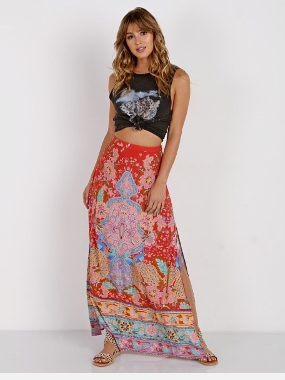 Spell & The Gypsy Collective Lotus Maxi Split Skirt Ruby size L